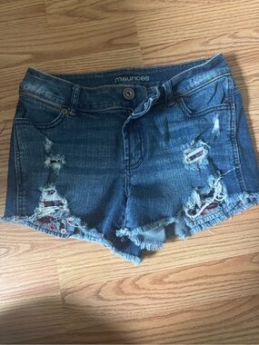 Maurices Blue Distressed Denim Cutoff Shorts with Embroidered pockets